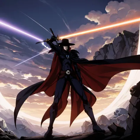 <lora:VampireHunterD004:0.4>,
VampireHunterD,1half-vampire,
hat,
gem_necklace,
cape,shoulder armor,
bodysuit,
skull_belt,
boots,
sunset,holding sword,energy blades,
