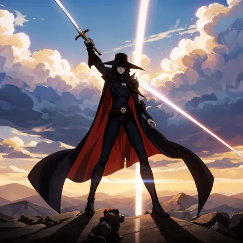<lora:VampireHunterD004:0.4>,
VampireHunterD,
hat,
gem_necklace,
cape,shoulder armor,
bodysuit,
skull_belt,
boots,
sunset,holding sword,energy blades,