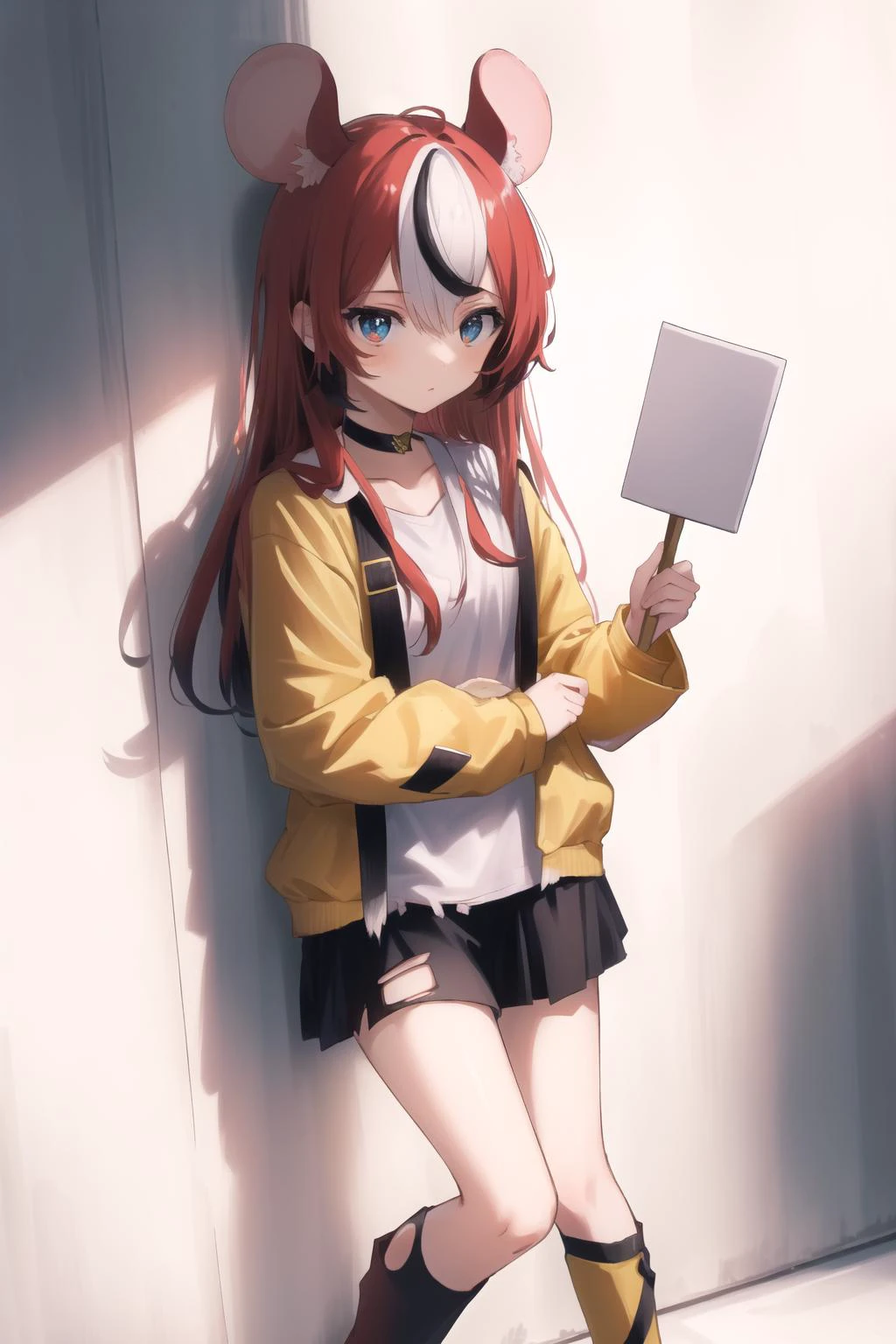 best quality, intricate details,
1girl, long hair, red hair, messy hair, red highlights, blue eyes, sharp eyes,choker, torn legwear,hakos baelz, <lora:hakos baelz:0.8> mouse ears,
<lora:animeGirlsHolding_v10:0.8> Holding_Sign,