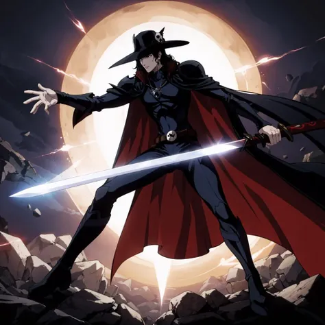 <lora:VampireHunterD004:0.4>,
VampireHunterD,
hat,
gem_necklace,
cape,shoulder armor,
bodysuit,
skull_belt,
boots,
sunset,holding sword,energy blades,