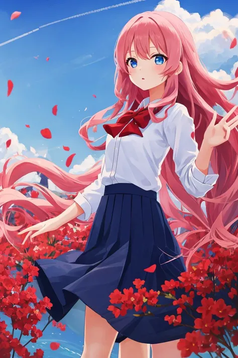 girl, cute face, long wavy pink hair, blue eye, long deep blue skirt, red bowtie
clear blue sky, mountains at far, floating petals, red flowers, dramatic sunlight
<lora:FZB_line_weights:-1>