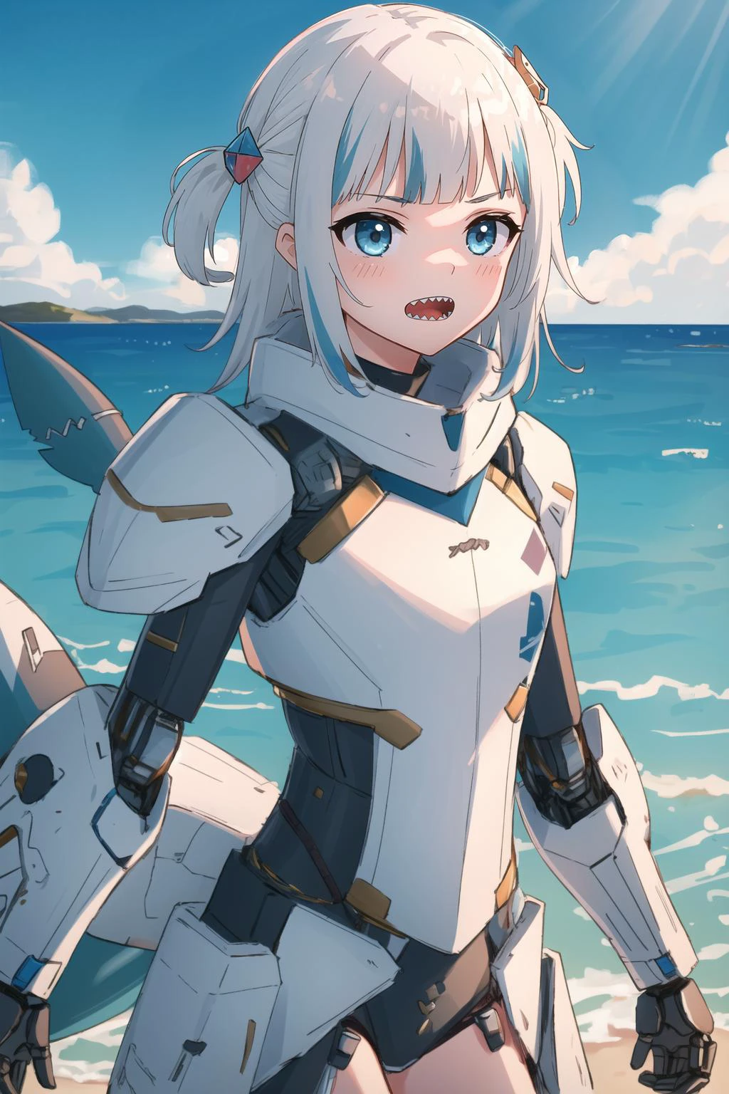 best quality, intricate details,
1girl,<lora:gawrGuraHololiveAll_v4AllOutfits:0.8> gawr gura, sharp teeth, shark tail, two side up, shark hair ornament, cube hair ornament,
<lora:armor_v10:0.8> white armor, robotic parts,