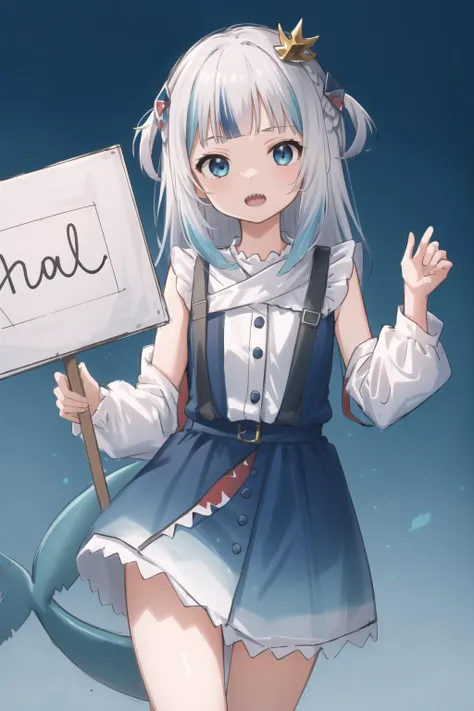 best quality, intricate details,
1girl,<lora:gawrGuraHololiveAll_v4AllOutfits:0.8> gawr gura, sharp teeth, shark tail, two side up, shark hair ornament, cube hair ornament, gura_atlantis, gradient dress, laurel crown,
<lora:animeGirlsHolding_v10:0.8> Holding_Sign,