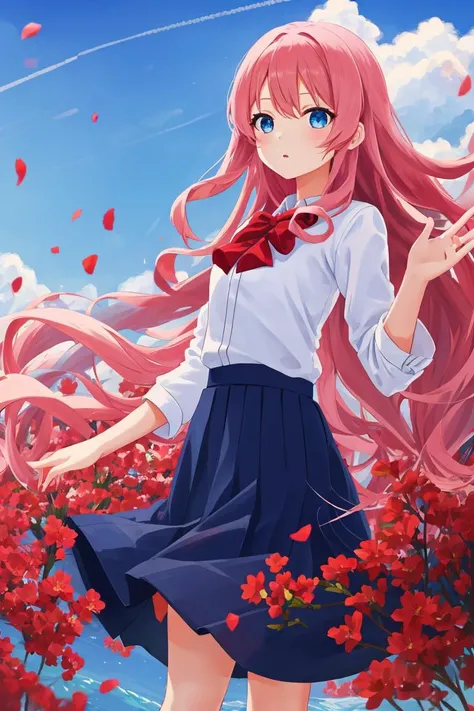 girl, cute face, long wavy pink hair, blue eye, long deep blue skirt, red bowtie
clear blue sky, mountains at far, floating petals, red flowers, dramatic sunlight
<lora:FZB_line_weights:-0.8>