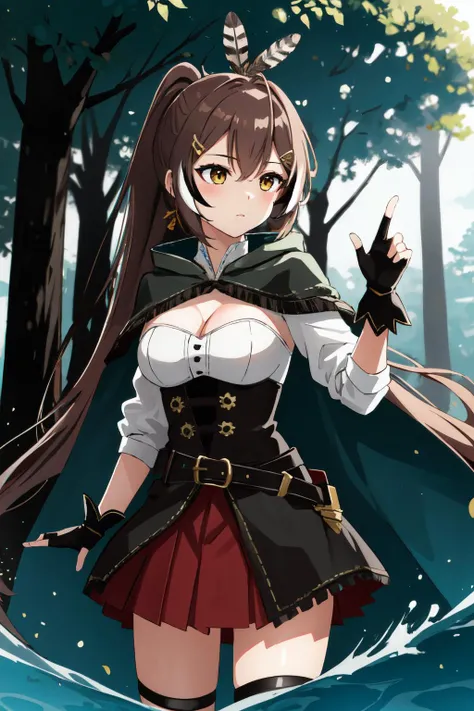(masterpiece, best quality), intricate details, 8k, sharp focus, artstation, wallpaper, official art, splash art,
1girl,<lora:nanashiMumeiLora_v1:0.8> nanashi mumei, shirt, corset, cleavage cutout, red skirt, single thighhigh, cloak, ribbon, ponytail, very long hair, hairclip, feathers, knife, belt, partially fingerless gloves,
<lora:AbstractPortrait_50_R:1> pxint, swirling colors, waves, forest, trees, leaves,