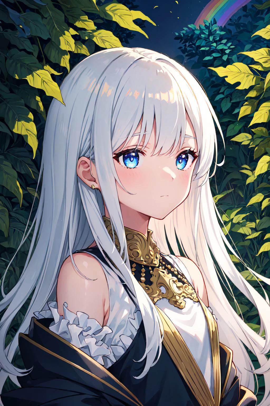 (masterpiece),(best quality), girl,((ultra-detailed)), (highly detailed CG illustration),(expressionless),, ((masterpiece)), (((best quality))), ((ultra-detailed)), ((disheveled hair)), (1 girl), (solo), (beautiful white young beauty girl), korean idol, (whole body), dynamic angle, beautiful detailed eyes, hairs between eyes, (small head), (cannon EOS 5D MARK III, 50mm Sigma f/1.4 ZEISS lens, F1.4, 1/800s, ISO 100:1), nsfw, masterpiece, best quality, asymmetrical bangs, hair behind ear, hair over one eyebrow, delicate facial features,1girl, white hair, red bridge hair, eromanga, Urban_Fantasy, alchemist,, ((cinematic light)), ultra detailed, best quality, absurdres, high resolution, (extremely detailed 8k wallpaper), ((an delicate and beautiful)), pixiv, hyper detailed, best anatomy, illustration, no human, (((masterpiece))), ((highres)), ((high quality)), (intricate details), (fantasy), detailed forest, (colorful various leaves), ((rainbow)), (liquid), best shadow, sunlight, hollow, colorful, pink petals, gold leaves, (blue leaves), lens flare, pastel color,