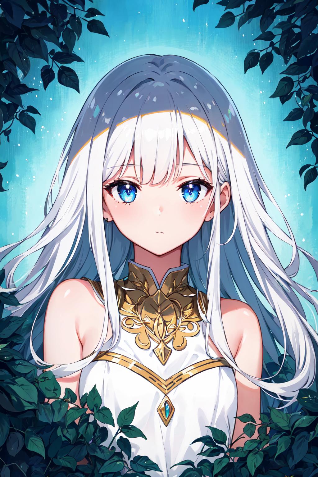 A girl with long white hair and blue eyes standing in a forest - SeaArt AI