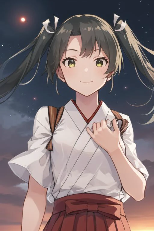 masterpiece, best quality,
1girl, solo,
<lora:Zuikaku-v1:0.9>ZuikakuKC, twintails,
white hair ribbon, japanese clothes, red hakama short skirt, tasuki,
looking at viewer, night, galaxy, upper_body, <lora:konishi_lora_v2-000012:0.8> wind, smile, view from below, flat_chest,