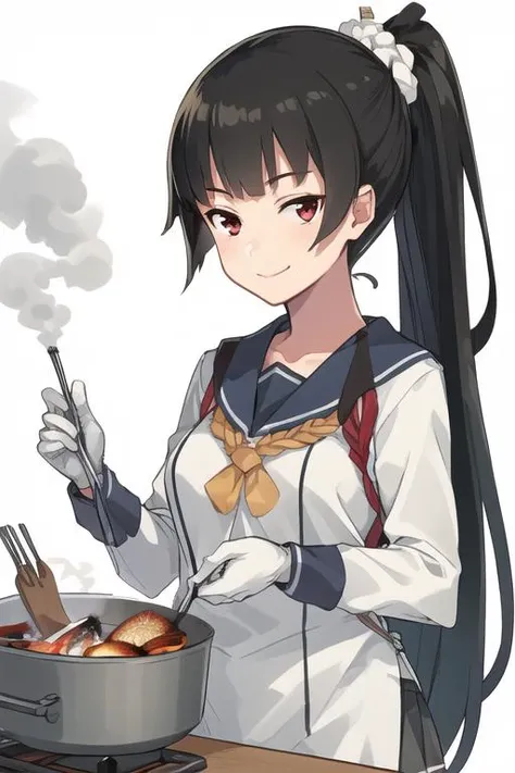 masterpiece, best quality,
1girl, solo,
(white background:1.4), looking at viewer,
smile, upper_body,
<lora:Isokaze-v1:0.9>
IsokazeKC,
serafuku, long sleeves, (grey) pleated skirt, (blue) sailor collar, (asymmetrical legwear, single sock, single kneehigh), (white) gloves, tress ribbon,
ponytail, scrunchie, kappougi, apron, paper fan, uchiwa, cooking, grill, smoke, fish, <lora:konishi_lora_v2-000008:0.8>