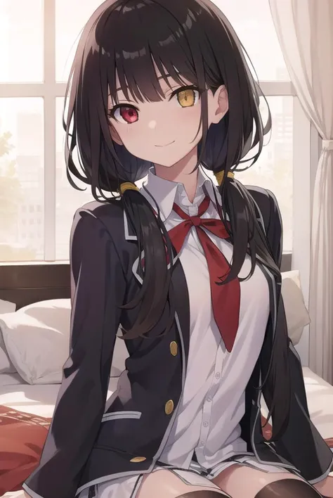 kurumitokisaki, <lora:kurumitokisaki:1>, tokisaki kurumi, clock eyes, black hair, low twintails, (red eyes:1.2), (yellow eyes:1.2), heterochromia, smile, (small breast:1.2), BREAK school uniform, BREAK looking at viewer, BREAK indoors, bed, bedroom, BREAK <lora:GoodHands-vanilla:1>, (masterpiece:1.2), best quality, high resolution, unity 8k wallpaper, (illustration:0.8), (beautiful detailed eyes:1.6), extremely detailed face, perfect lighting, extremely detailed CG, (perfect hands, perfect anatomy),