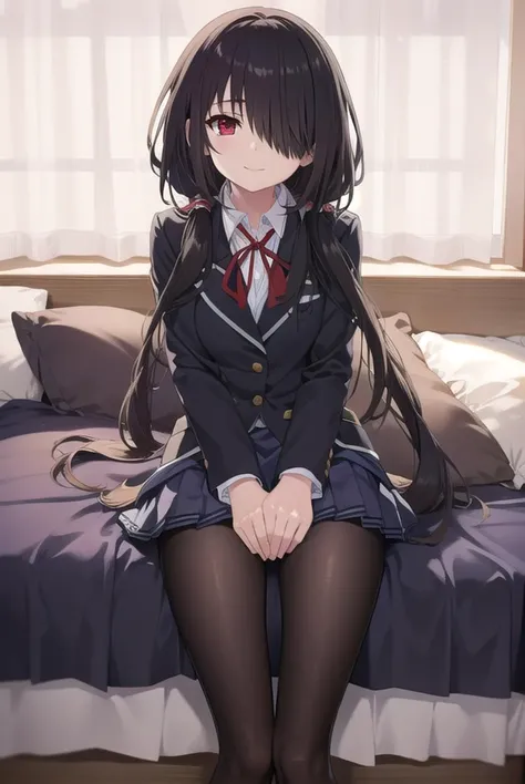 kurumitokisaki, <lora:kurumitokisaki:1>, tokisaki kurumi, clock eyes, black hair, low twintails, (hair over one eye:1.5), (red eyes:1.2), smile, (small breast:1.2), BREAK school uniform, jacket, pantyhose, pleated skirt, black pantyhose, BREAK looking at viewer, BREAK indoors, bed, bedroom, BREAK <lora:GoodHands-vanilla:1>, (masterpiece:1.2), best quality, high resolution, unity 8k wallpaper, (illustration:0.8), (beautiful detailed eyes:1.6), extremely detailed face, perfect lighting, extremely detailed CG, (perfect hands, perfect anatomy),