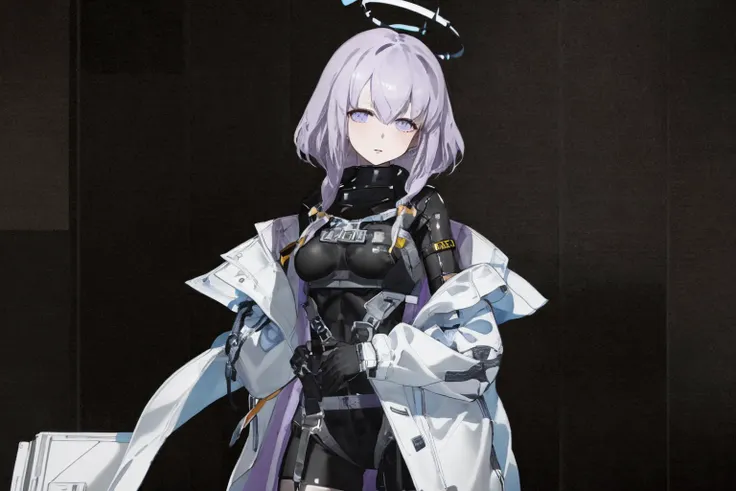 masterpiece, best quality, 1girl, solo, white coat, armor, bodysuit, harness, chest harness, purple hair, halo, atsukodef <lora:TechNeco:0.8> <lora:atsuko1:1>