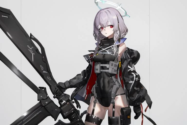 masterpiece, best quality, 1girl, solo, atsukodef, white jacket, white dress, leotard, harness, chest harness, purple hair, red eyes, tactical clothes, thigh holster, thigh strap, plate carrier, halo<lora:TechNeco:0.8> <lora:atsuko1:1>