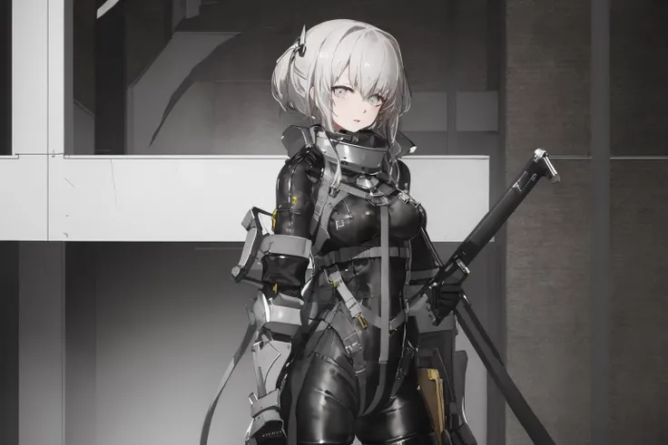 masterpiece, best quality, 1girl, solo, black coat, armor, bodysuit, harness, chest harness, <lora:TechNeco:0.8>