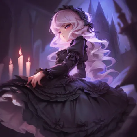 score_9, score_8_up, score_7_up, <lora:sirfy-15:1> sirfy, 1girl, wavy hair, purple eyes, gothic, victorian dress, castle, moonlit night, mysterious, candlelight