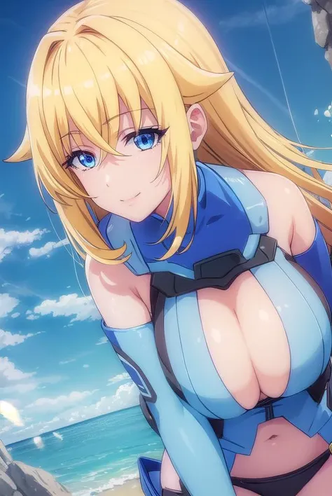 yurishiafarandole, <lora:yurishia farandole s1-lora-nochekaiser:1>,
yurishia farandole, long hair, blue eyes, blonde hair, hair between eyes, smile,
BREAK gloves, navel, cleavage, elbow gloves, blue gloves, mecha musume,
BREAK outdoors, sky, sun, clouds, blue sky,
BREAK looking at viewer, (cowboy shot:1.5),
BREAK <lyco:GoodHands-beta2:1>, (masterpiece:1.2), best quality, high resolution, unity 8k wallpaper, (illustration:0.8), (beautiful detailed eyes:1.6), extremely detailed face, perfect lighting, extremely detailed CG, (perfect hands, perfect anatomy),