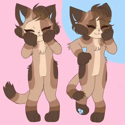 1girl, blue background, cat, pink background, hand up, hand on hip, full body, solo, hands on own cheeks, brown fur, animal hands, closed eyes