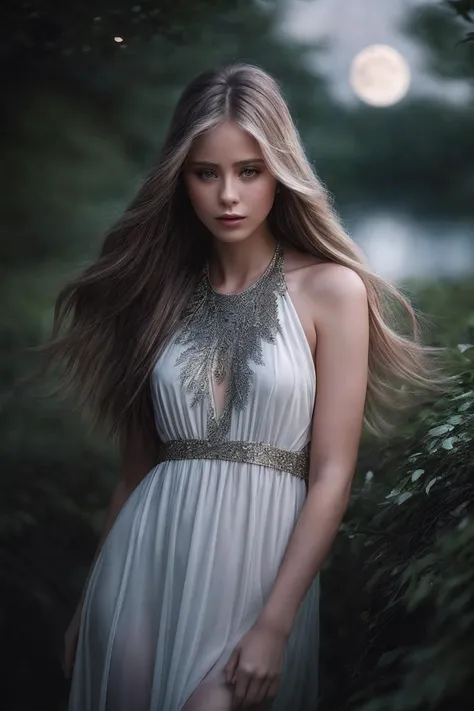 LoretoP_SoloTI_v1,
(In a flowing gown of silver silk, adorned with celestial patterns and shimmering moonstones, for a radiant and ethereal look),
(Amidst a tranquil clearing bathed in the soft glow of moonlight, where the gentle rustle of leaves harmonizes with the distant melody of a nocturnal symphony, a sense of serenity and enchantment envelops the celestial figure of the Moon Goddess:1.3),
<lora:add_detail:0.8> <lora:LowRa:0.6>, PA7_Portrait-MCU,