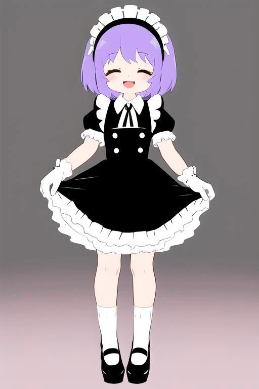 standing, french maid wearing dark pastel (ruffled:1) (gleaming latex:1) dress with latex maid gloves, soft lighting, (Mary Janes shoes:1), ruffles, (short ruffled socks:1), (happy smile with closed eyes, :D), (curtsy),
<lora:more_details:-1>