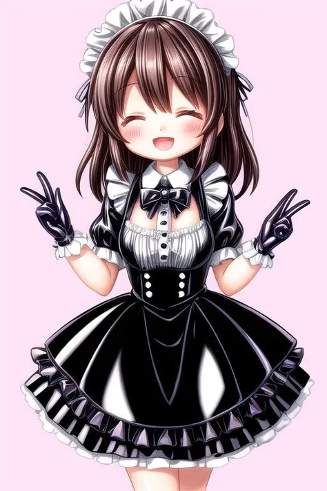 standing, french maid wearing dark pastel (ruffled:1) (gleaming latex:1) dress with latex maid gloves, soft lighting, (Mary Janes shoes:1), ruffles, (short ruffled socks:1), (happy smile with closed eyes, :D), (curtsy),
<lora:more_details:1>