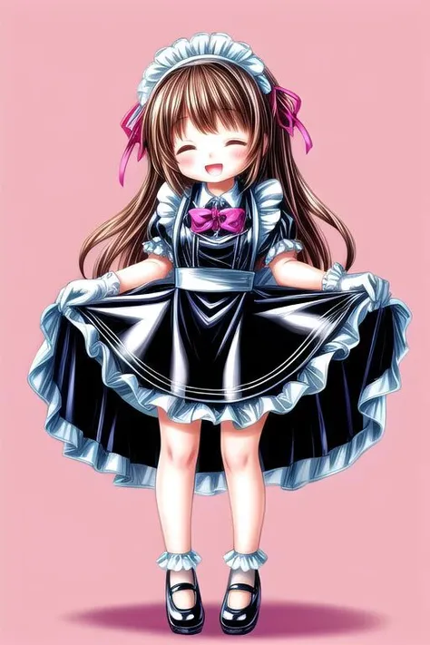 standing, french maid wearing dark pastel (ruffled:1) (gleaming latex:1) dress with latex maid gloves, soft lighting, (Mary Janes shoes:1), ruffles, (short ruffled socks:1), (happy smile with closed eyes, :D), (curtsy)
<lora:more_details:1.5>