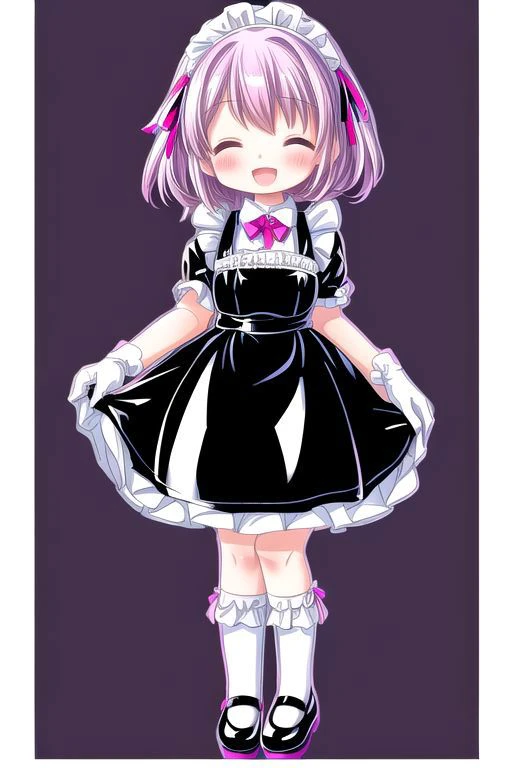 standing, french maid wearing dark pastel (ruffled:1) (gleaming latex:1) dress with latex maid gloves, soft lighting, (Mary Janes shoes:1), ruffles, (short ruffled socks:1), (happy smile with closed eyes, :D), (curtsy)