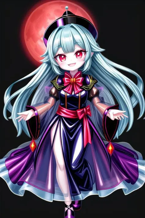 adult, evil corrupted princess wearing dark pastel (ruffled:1) (gleaming oily transparent:1) gown with (full body transparent vampire cape:1) and (shiny transparent sleeves:1.5), soft lighting, (lots of transparent frills and bows:1), (cute vampire fangs:1),
(vmpr:1),
(red eyes, glowing eyes, pale blue skin, jiangshi, evil smile:1.2),
(red moon background),
<lora:more_details:1>,