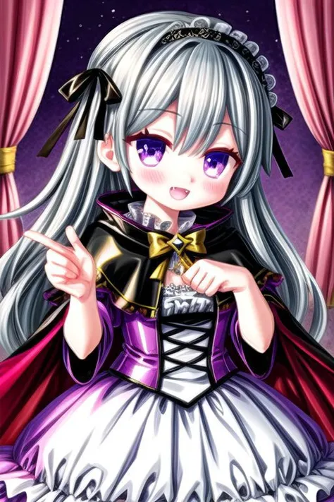 adult, evil corrupted princess wearing dark pastel (ruffled:1) (gleaming latex:1) gown with (latex blanket cape:1) and (long frilly wide sleeves), soft lighting, ruffles, (vampire fangs:1),
<lora:more_details:1>,