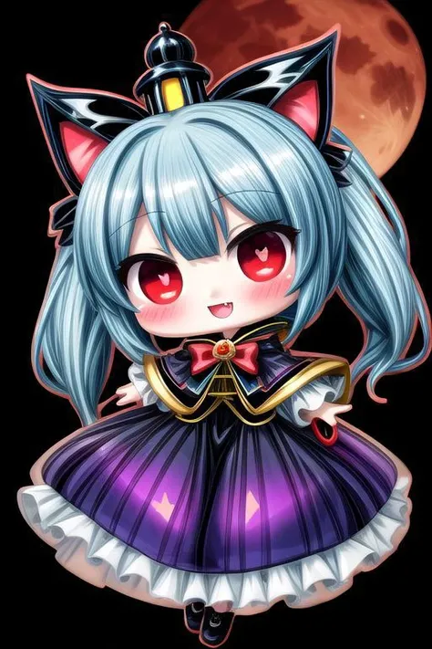 (chibi, super deformed, huge head, kawaii:1.5), evil corrupted princess wearing dark pastel (ruffled:1) (gleaming oily latex:1) gown with (full body latex vampire cape:1) and (shiny transparent sleeves:1.5), soft lighting, (lots of frills and bows:1), (cute vampire fangs:1),
(vmpr:1),
(red eyes, glowing eyes, pale blue skin, jiangshi, evil smile:1.2),
(red moon background),
<lora:more_details:1>,