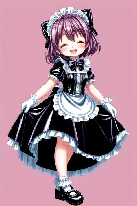 standing, french maid wearing dark pastel (ruffled:1) (gleaming latex:1) dress with latex maid gloves, soft lighting, (Mary Janes shoes:1), ruffles, (short ruffled socks:1), (happy smile with closed eyes, :D), (curtsy),
<lora:more_details:1>