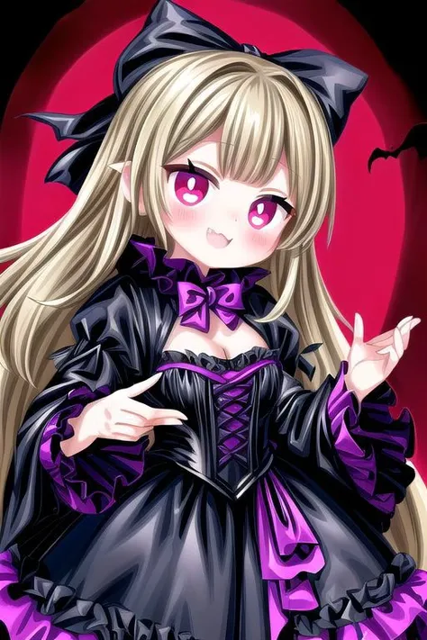 adult, evil corrupted princess wearing dark pastel (ruffled:1) (gleaming vinyl:1) gown with (vinyl vampire cape:1) and (long frilly wide sleeves), soft lighting, (lots of frills and bows:1), (cute vampire fangs:1),
(vmpr:1),
<lora:more_details:1>,