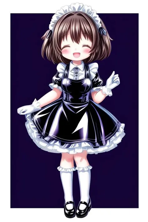 standing, french maid wearing dark pastel (ruffled:1) (gleaming latex:1) dress with latex maid gloves, soft lighting, (Mary Janes shoes:1), ruffles, (short ruffled socks:1), (happy smile with closed eyes, :D), (curtsy),
<lora:more_details:1>