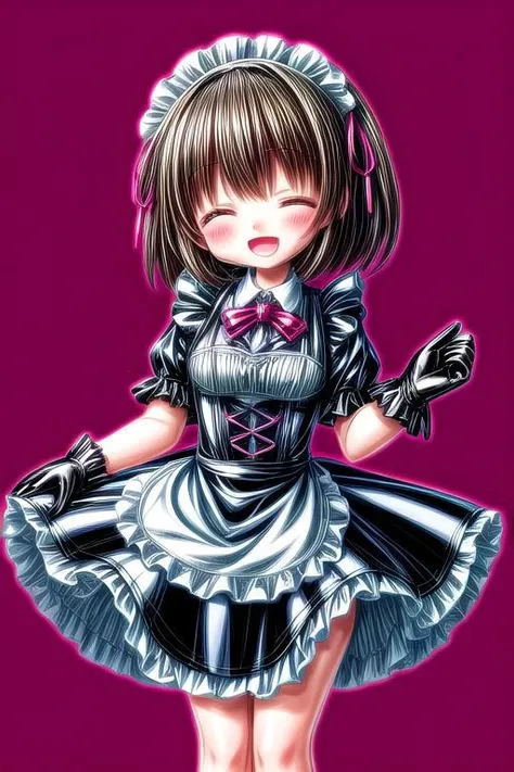 standing, french maid wearing dark pastel (ruffled:1) (gleaming latex:1) dress with latex maid gloves, soft lighting, (Mary Janes shoes:1), ruffles, (short ruffled socks:1), (happy smile with closed eyes, :D), (curtsy),
<lora:more_details:2>