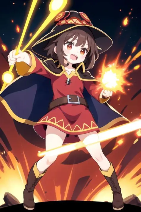 casting magic, magic, staff, holding staff, explosion, full body, hat, holding, open mouth, standing, boots, cape, megumin, megumindef,