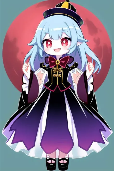 evil corrupted princess wearing dark pastel (ruffled:1) (gleaming oily transparent:1) gown with (full body transparent vampire cape:1) and (shiny transparent sleeves:1.5), soft lighting, (lots of transparent frills and bows:1), (cute vampire fangs:1),
(vmpr:1),
(red eyes, glowing eyes, pale blue skin, jiangshi, evil smile:1.2),
(red moon background),