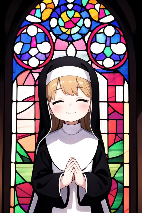 1girl,cute,nun,church,stained glass,praying,light smile,closed eyes,