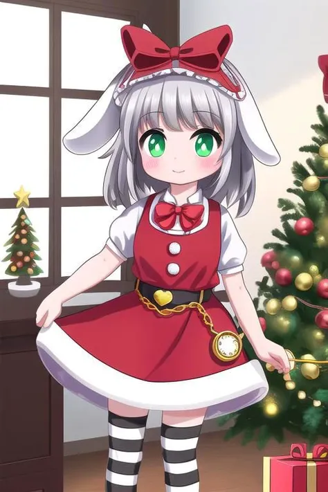 professional detailed image of Irisu wearing red frilly Christmas dress, (grey hair, green eyes, short hair, rabbit ears, red headdress, pocket watch, bow, striped legwear, red bowtie),
(Indoors, Christmas decorations, Christmas tree:1.2),
(sparkles, sparkling clothes, sparkling eyes),
(absurdres, incredibly absurdres, huge filesize, High quality texture, physically-based rendering, Ray tracing, octane render, sharp focus, (8k), (4k), (Masterpiece), (Best Quality), extremely detailed, intricate, hyper detailed, high resolution, sharp detail)