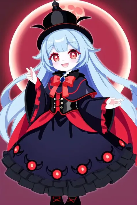 adult, evil corrupted princess wearing dark pastel (ruffled:1) (gleaming oily latex:1) gown with (full body latex vampire cape:1) and (transparent kimono sleeves:1), soft lighting, (lots of frills and bows:1), (cute vampire fangs:1),
(vmpr:1),
(red eyes, glowing eyes, pale blue skin, jiangshi, evil smile:1.2),
(red moon background),