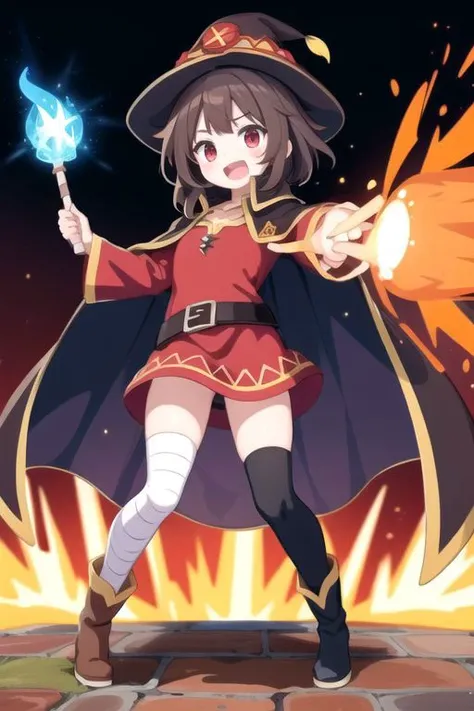 casting magic, magic, staff, holding staff, explosion, full body, hat, holding, open mouth, standing, boots, cape, megumin, megumindef,