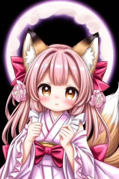 masterpiece, best quality. professional (medium shot) photo of (fox lady) wearing pastel (ruffled) (glossy latex traditional dress:1.3) with (glossy transparent kimono sleeves:1.3), soft lighting, (lots of frills and bows), (perfect face, beautiful face, symmetric face:1.3), (fox ears, fluffy fox tail, tail color matching hair:1.4), (supermoon background, Torii gates)