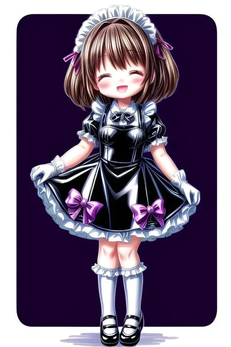 standing, french maid wearing dark pastel (ruffled:1) (gleaming latex:1) dress with latex maid gloves, soft lighting, (Mary Janes shoes:1), ruffles, (short ruffled socks:1), (happy smile with closed eyes, :D), (curtsy),
<lora:more_details:1.5>