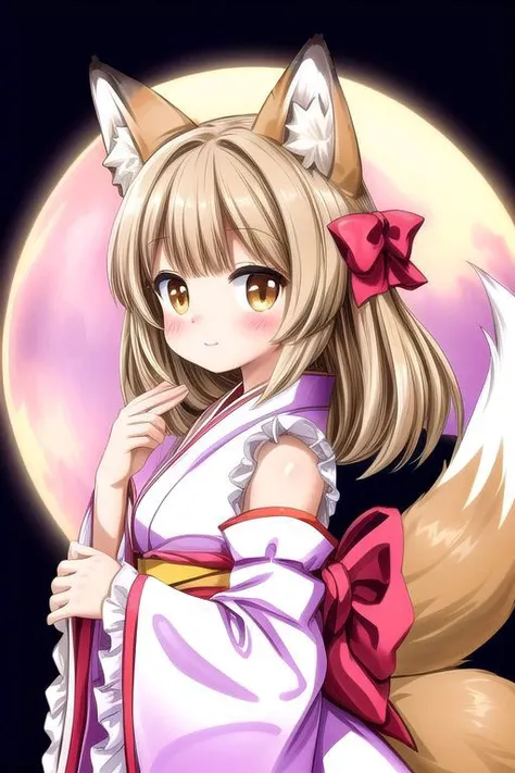 masterpiece, best quality. professional (medium shot) photo of (fox lady) wearing pastel (ruffled) (glossy latex traditional dress:1.3) with (glossy transparent kimono sleeves:1.3), soft lighting, (lots of frills and bows), (perfect face, beautiful face, symmetric face:1.3), (fox ears, fluffy fox tail, tail color matching hair:1.4), (supermoon background, Torii gates)