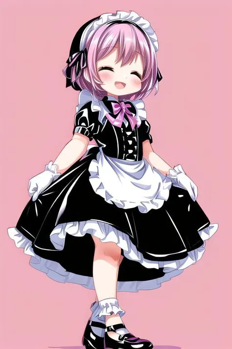 standing, french maid wearing dark pastel (ruffled:1) (gleaming latex:1) dress with latex maid gloves, soft lighting, (Mary Janes shoes:1), ruffles, (short ruffled socks:1), (happy smile with closed eyes, :D), (curtsy)