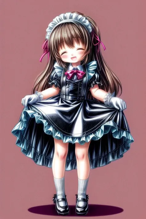 standing, french maid wearing dark pastel (ruffled:1) (gleaming latex:1) dress with latex maid gloves, soft lighting, (Mary Janes shoes:1), ruffles, (short ruffled socks:1), (happy smile with closed eyes, :D), (curtsy),
<lora:more_details:2>