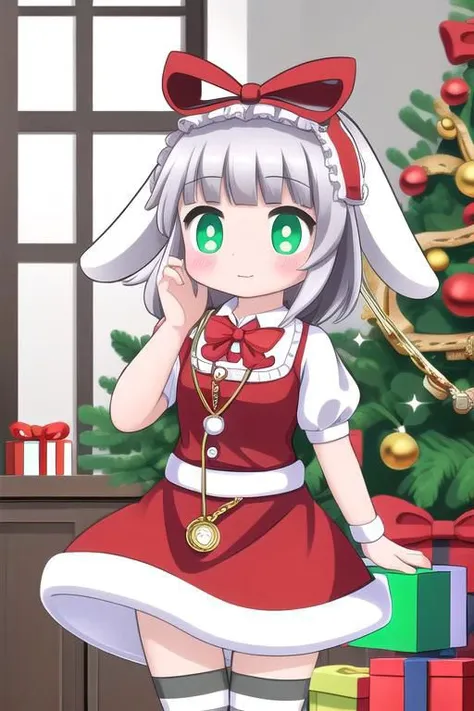 professional detailed image of Irisu wearing red frilly Christmas dress, (grey hair, green eyes, short hair, rabbit ears, red headdress, pocket watch, bow, striped legwear, red bowtie),
(Indoors, Christmas decorations, Christmas tree:1.2),
(sparkles, sparkling clothes, sparkling eyes),
(absurdres, incredibly absurdres, huge filesize, High quality texture, physically-based rendering, Ray tracing, octane render, sharp focus, (8k), (4k), (Masterpiece), (Best Quality), extremely detailed, intricate, hyper detailed, high resolution, sharp detail)