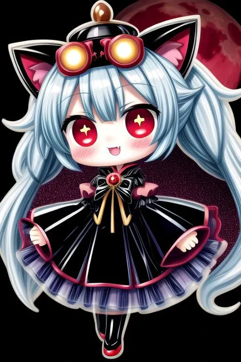 (chibi, super deformed, huge head, kawaii:1.5), evil corrupted princess wearing dark pastel (ruffled:1) (gleaming oily latex:1) gown with (full body latex vampire cape:1) and (shiny transparent sleeves:1.5), soft lighting, (lots of frills and bows:1), (cute vampire fangs:1),
(vmpr:1),
(red eyes, glowing eyes, pale blue skin, jiangshi, evil smile:1.2),
(red moon background),
<lora:more_details:1>,