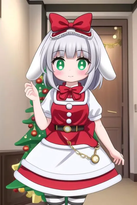 professional detailed image of Irisu wearing red frilly Christmas dress, (grey hair, green eyes, short hair, rabbit ears, red headdress, pocket watch, bow, striped legwear, red bowtie),
(Indoors, Christmas decorations, Christmas tree:1.2),
(sparkles, sparkling clothes, sparkling eyes),
(absurdres, incredibly absurdres, huge filesize, High quality texture, physically-based rendering, Ray tracing, octane render, sharp focus, (8k), (4k), (Masterpiece), (Best Quality), extremely detailed, intricate, hyper detailed, high resolution, sharp detail)