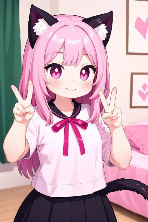 1girl,cat girl,animal ears,tail,looking at viewer,smile,peace sign,pink kawaii room,heart item,ribbon,standing,upper body,