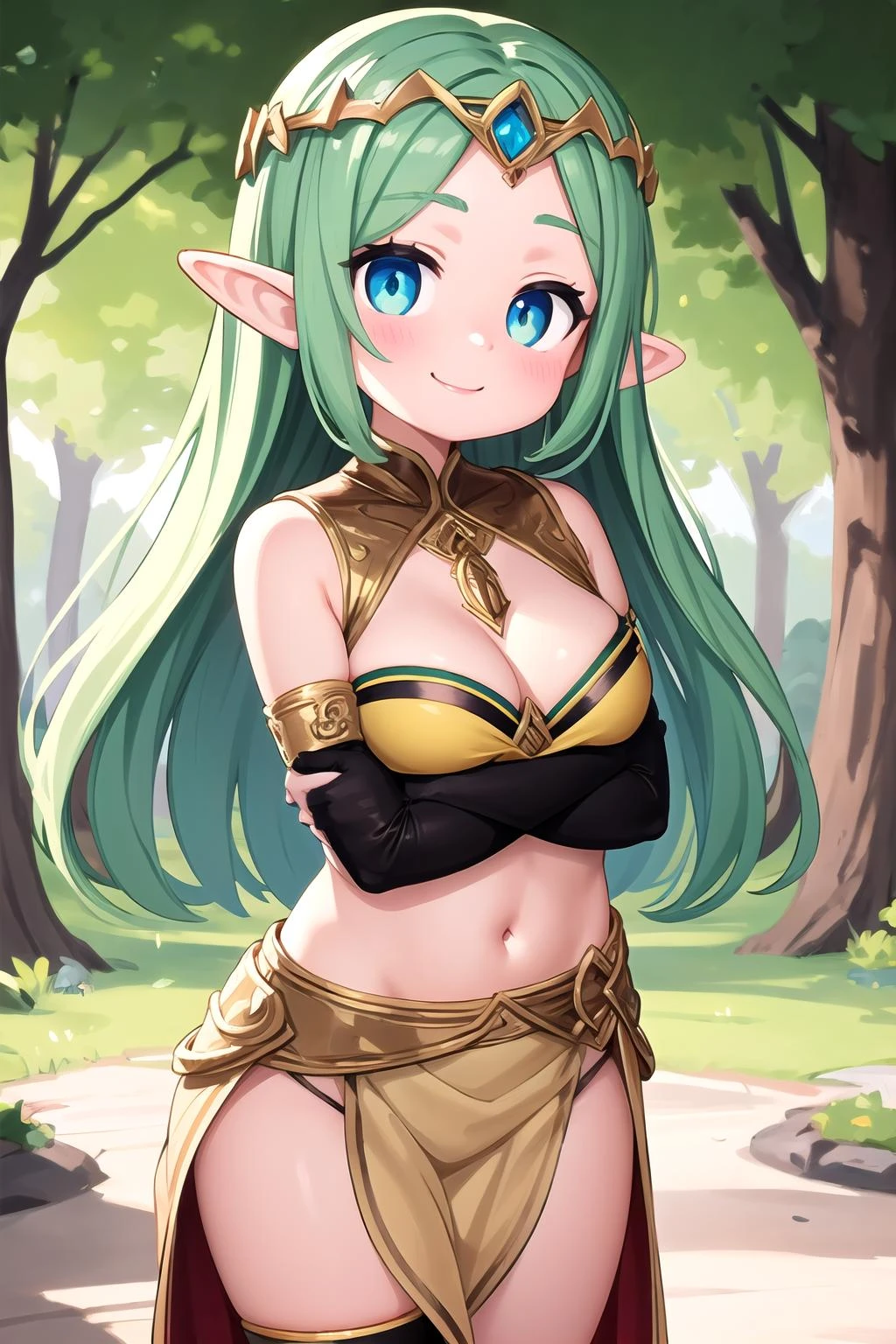 1girl,elf,breast curtains,circlet,elbow gloves,dappled sunlight,light smile,