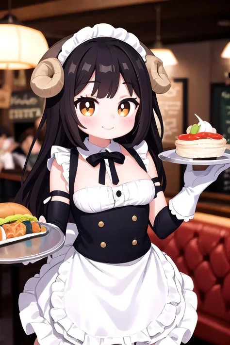 1girl,kawaii,sheep girl,sheep ears,waitress,lace gloves,frills,seductive smile,cowboy shot,restaurant,holding tray,